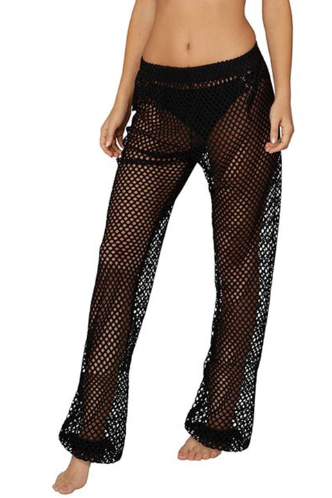 Women's Black Fishnet Mesh Slit Side Cover-Up Pants