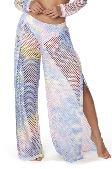 Women's Tie Dye Fishnet Mesh Slit Side Cover-Up Pants
