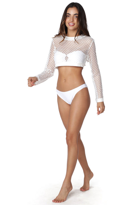 Women's White Fishnet Mesh Crop Top with Long Sleeves