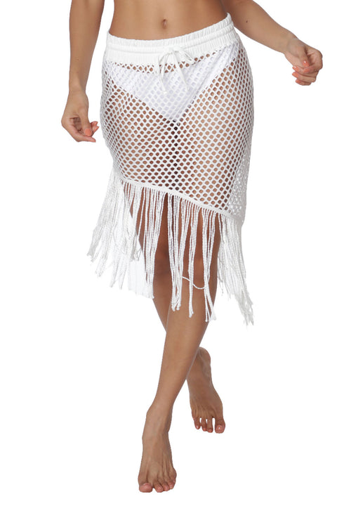 Women's White Fishnet Mesh Skirt with Asymmetrical Fringe Bottom