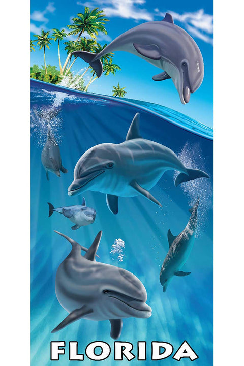 Cotton Velour Beach Towel, Florida Island Dolphins 30" x 60"
