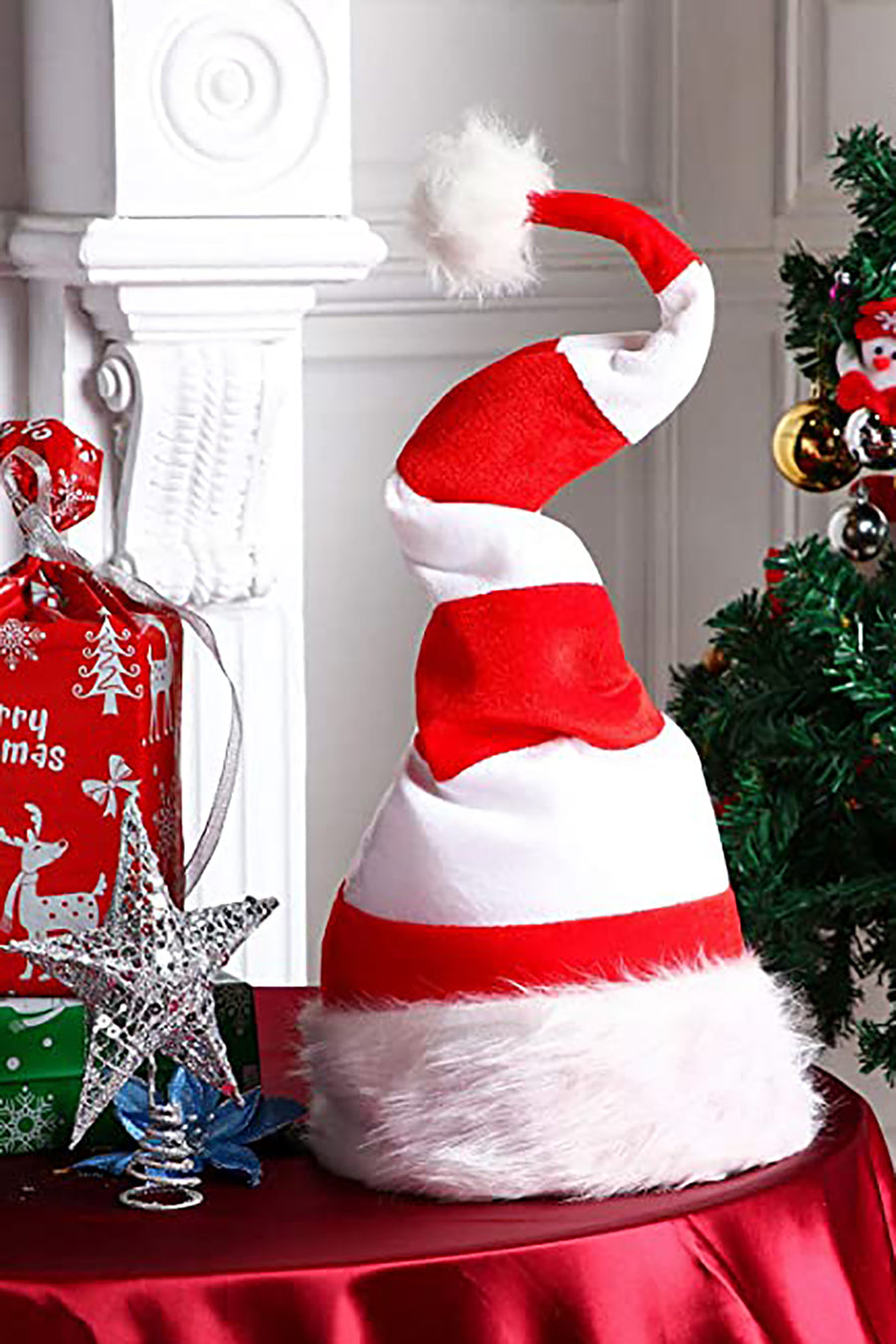 White Velvet & Plush Striped Flashing Ball Santa Hat Candy Holiday Theme