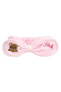 Women's Pink Fleece Headband with Bow and Embroidered Teddy Bear for Face Wash, Makeup, and Spa - Vacay Land 