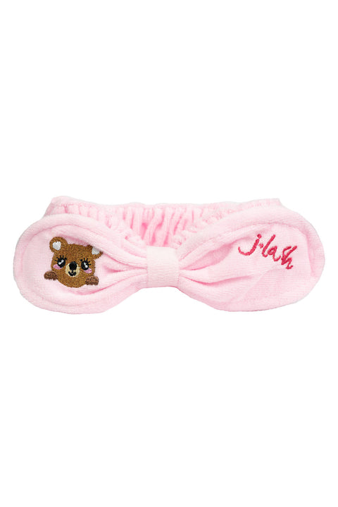 Women's Pink Fleece Headband with Bow and Embroidered Teddy Bear for Face Wash, Makeup, and Spa