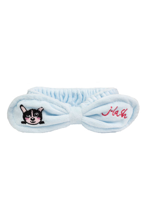 Women's Blue Fleece Headband with Bow and Embroidered Boogie Dog for Face Wash, Makeup, and Spa