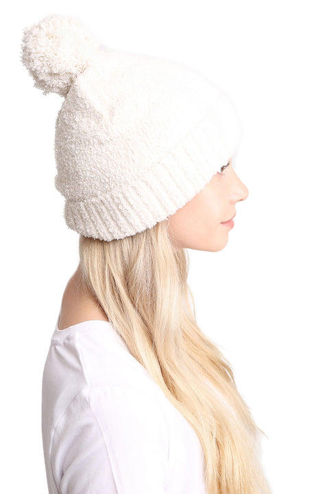 Women's Solid Color Beanie with Pom-Pom & Ribbed Trim Hats