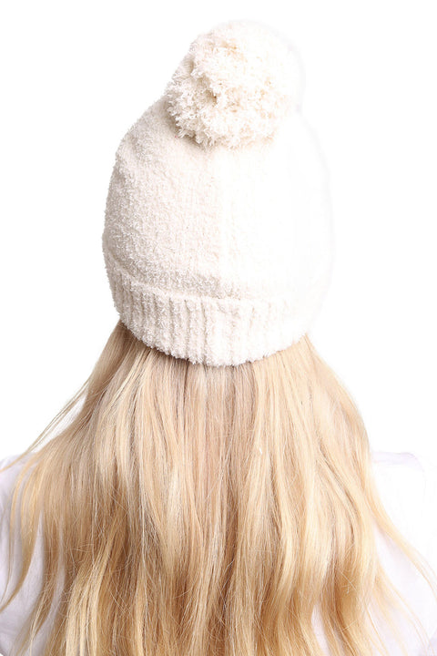 Women's Solid Color Beanie with Pom-Pom & Ribbed Trim Hats
