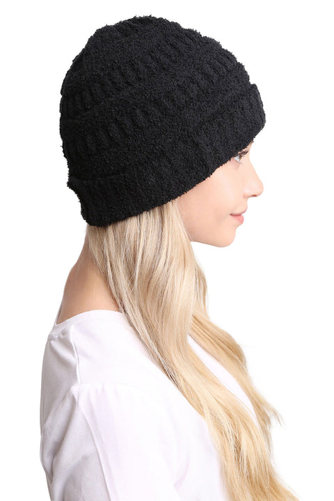 Women's Solid Color Beanie with Ribbed Trim with Pattern Hat