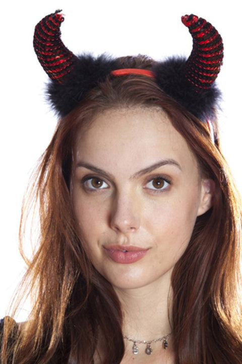 Adult Devil Striped Horn Sequined and Feathery Party Headband