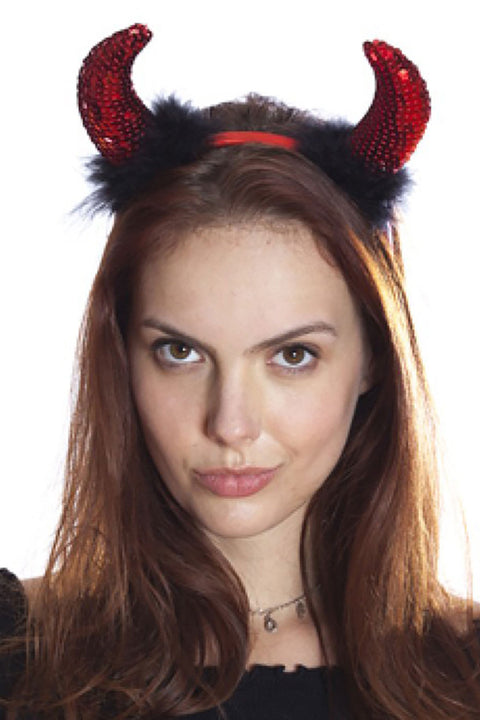 Adult Devil Red Horn Sequined and Feathery Party Headband