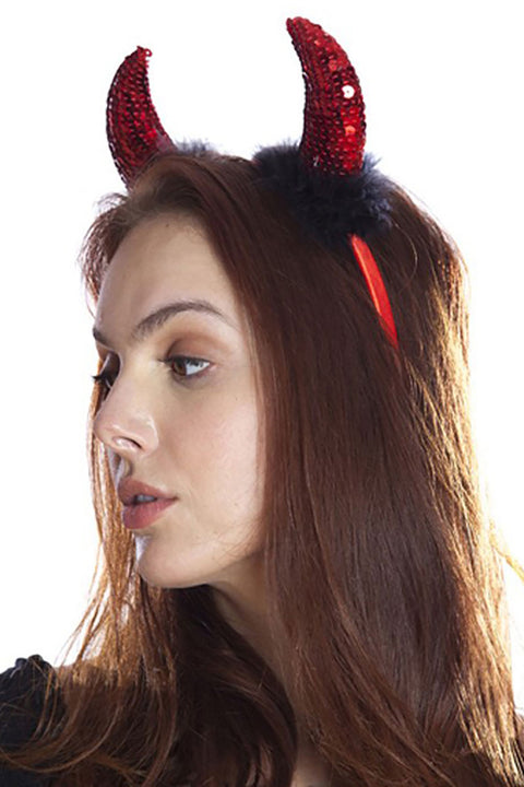 Adult Devil Red Horn Sequined and Feathery Party Headband