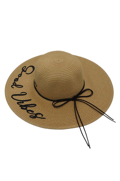 Women’s Floppy Sun Straw Hat with Embroidered "Good Vibes"