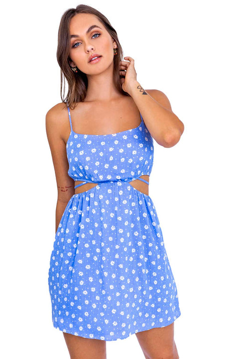 Women's Light Blue Floral Side Cut Out Mini Dress