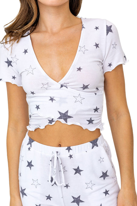 Women's Two Piece Merrow Crop Top And Shorts Set, White Gray Star Print