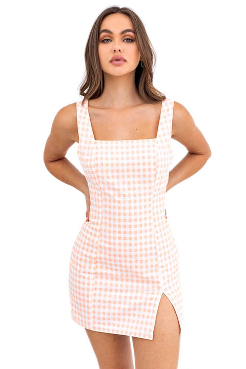 Women's Sleeveless Elastic Back Strap Orange Gingham Mini Dress