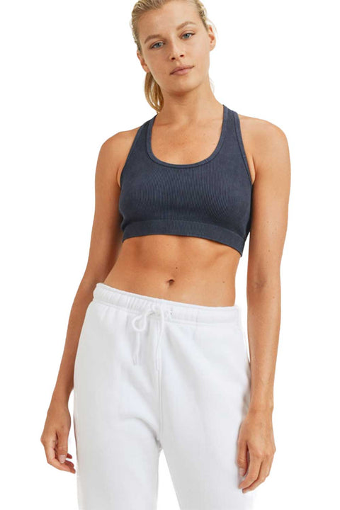 Women's Ribbed Seamless Mineral-Washed Racer Back Sports Bra
