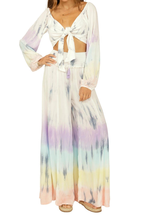 Women's Spring Garden Border Tie Dye Front Balloon Sleeve Crop Top and Pants Rayon Two Piece Set