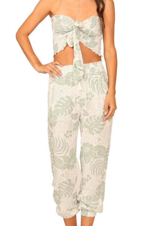 Women's Hawaiian Print Smocked Tie Front Crop Top and Jogger Rayon Two Piece  Set