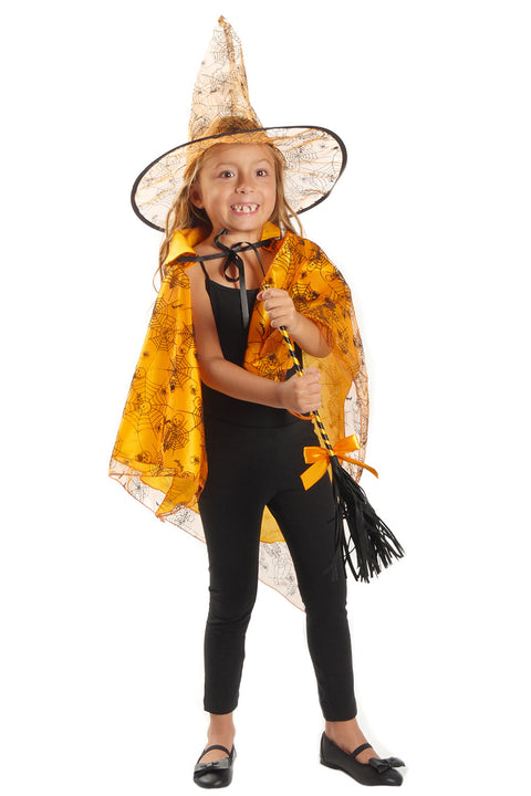 3-Piece Witch Costume Set Cape Wand and Hat, Orange