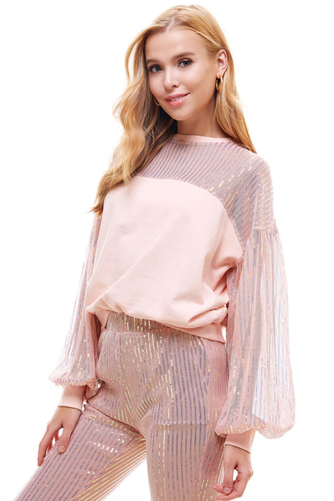 Women's Crew Neck Shiny Contrast Pink Top with Pleated Puff Long Sleeves