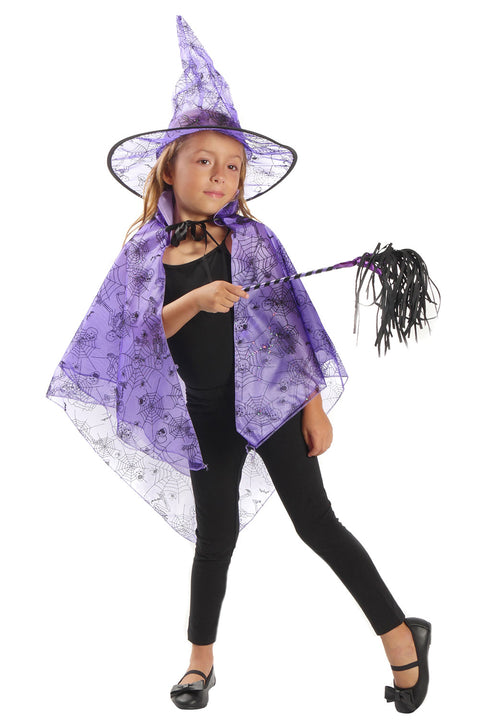 3-Piece Witch Costume Set Cape Wand and Hat, Purple