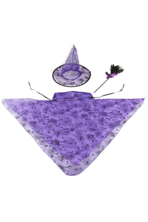 3-Piece Witch Costume Set Cape Wand and Hat, Purple