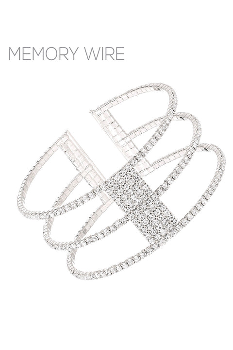 Women's Three-Row with Five Line Center Diamond Open Cuff Memory Wire Bracelet