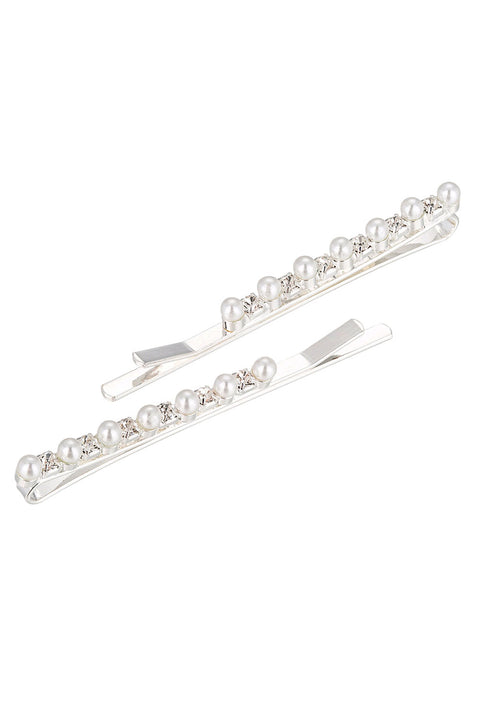 Women's 7 Pearl Stones Silver Metal Bobby Pin Accessories Set of 2