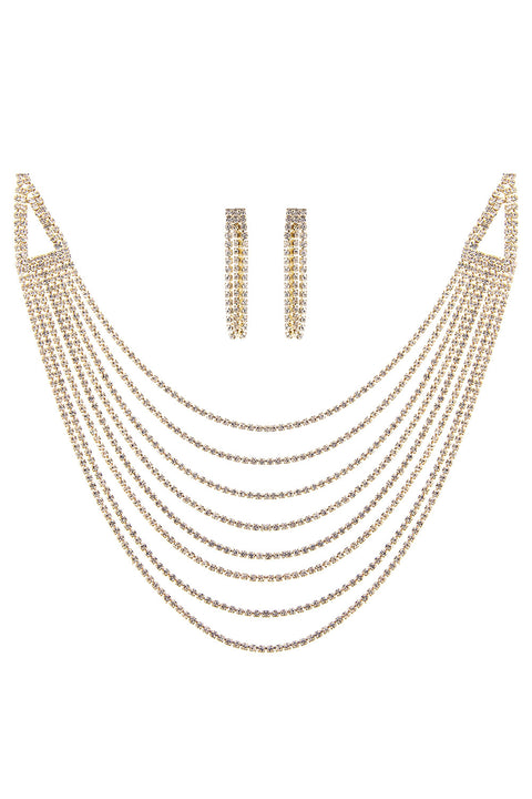 Women's Rhinestone 8 line Layered Necklace and Earrings Set