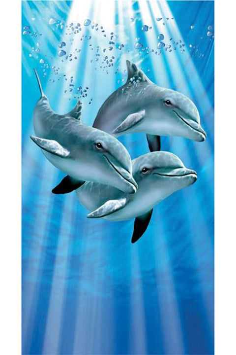 Cotton Velour Beach Towel, Three Dolphins with Sunlight Rays