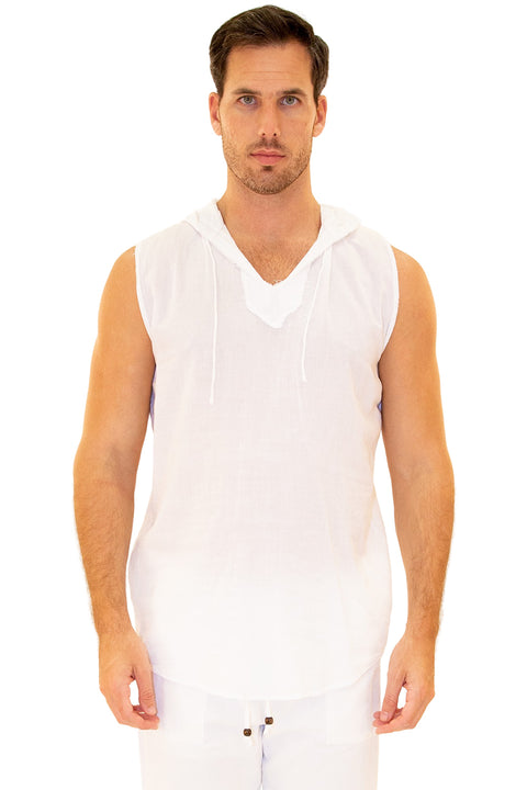 Men's White Cotton Hooded Tank Shirt