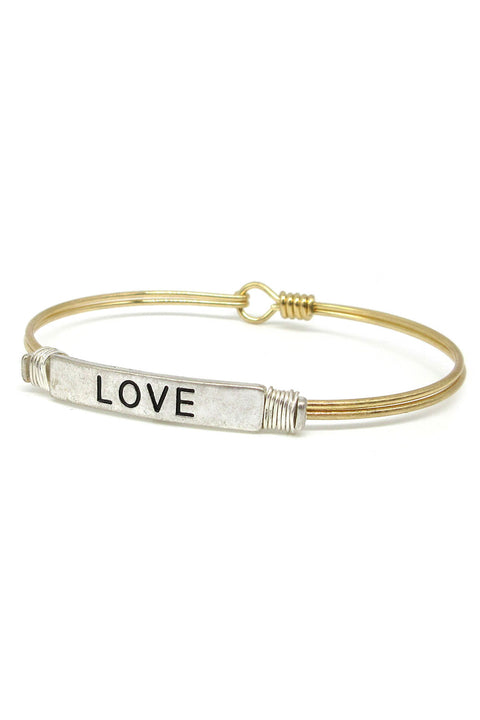 Women's "LOVE" Wire Wrap Bar On Double Wire Cuff Gold and Silver Bracelet