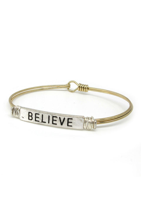 Women's "BELIVE" Wire Wrap Bar On Double Wire Cuff Gold and Silver Bracelet