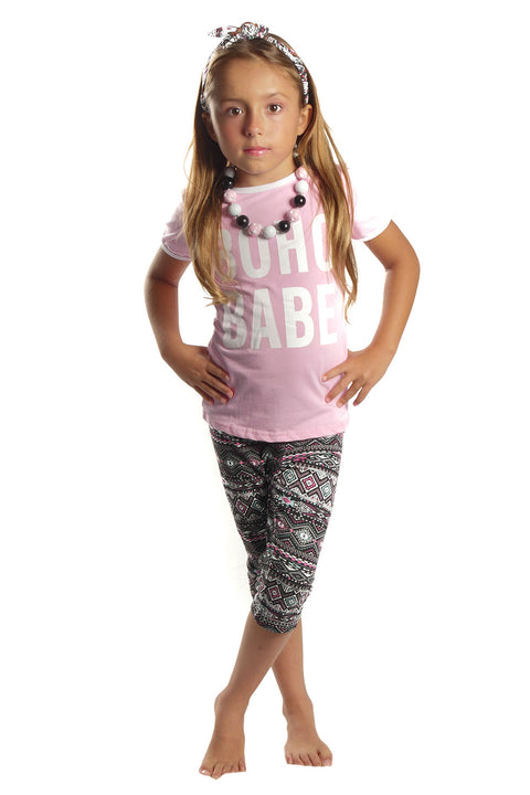 Girls Pink Tunic Top & Black Leggings With Accessories, "Boho Babe" 2 Piece Set