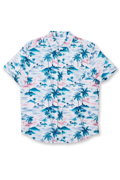 Boy's Short Sleeve 4-Way Stretch Button-Down Shirt with Fun Designs, White, Palm Tree Print