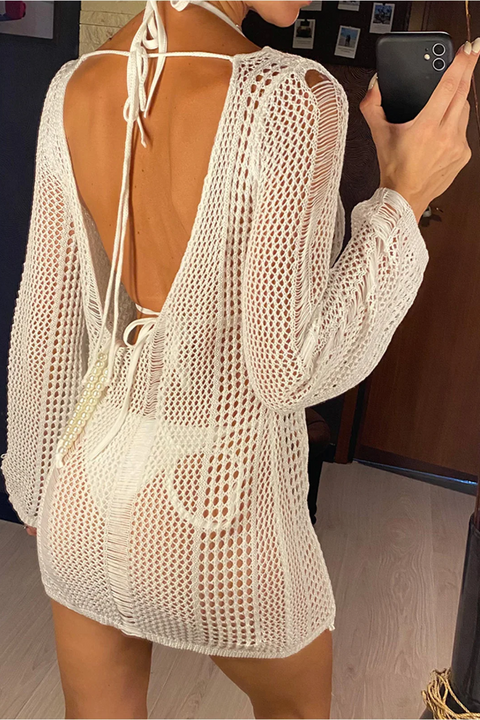 Hollow Out Long Sleeve Backless Crochet Knitted Beach Cover Up Dress