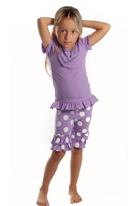 Girls Lavender Purple Tunic Top and Ruffle Polka Dot Capri, 2 Piece Summer Set