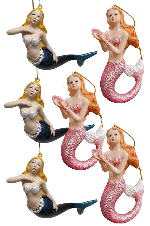 Mermaids Christmas Ornaments, Pack of 6, 3 Navy Glitter Tail + 3 Pink Glitter Tail - Vacay Land 