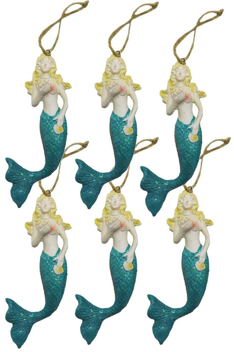 Mermaids Christmas Ornaments, Pack of 6, Green Glitter Tail - Vacay Land 