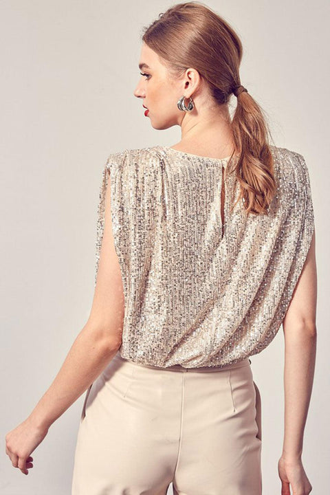 Women's Champagne Round Neck Side Slit Sequin Top - Vacay Land 